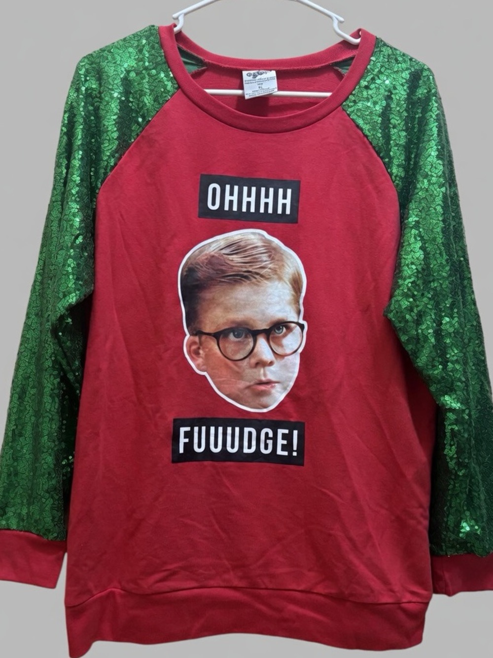 A Christmas Story Ralphie “OHHHH FUUUDGE!” Sequin Sleeve Sweatshirt XL